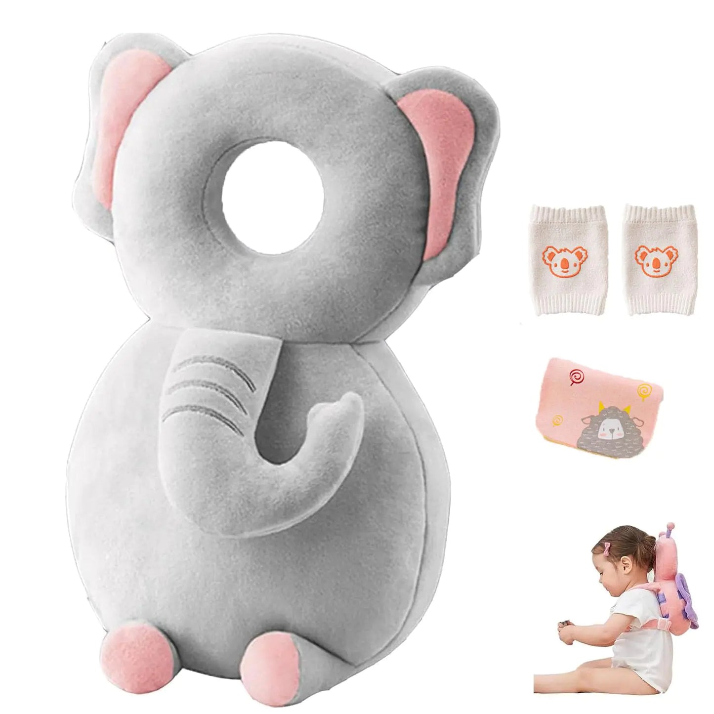 Baby Head Protector Backpack Adjustable Baby Head Protection Backpack with Baby Knee Pads for Walking & Crawling Soft Breathable and Wearing Safety Baby Head Protector - Grey Elephant