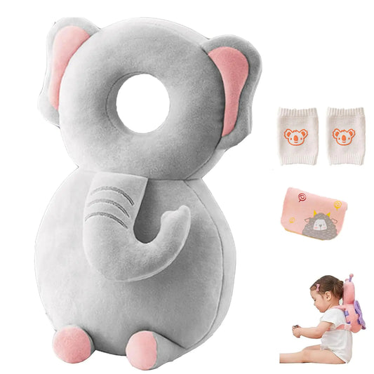 Baby Head Protector Backpack Adjustable Baby Head Protection Backpack with Baby Knee Pads for Walking & Crawling Soft Breathable and Wearing Safety Baby Head Protector - Grey Elephant